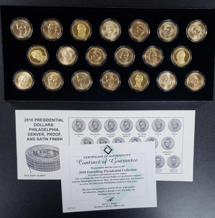 2010 PRESIDENTIAL DOLLARS SET: PHILADELPHIA, DENVER, PROOF & SATIN FINISH COINS in DISPLAY BOX / CAPS (20 COINS TOTAL)