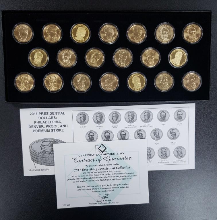 2011 PRESIDENTIAL DOLLARS SET: PHILADELPHIA, DENVER, PROOF & SATIN FINISH COINS in DISPLAY BOX / CAPS (20 COINS TOTAL)