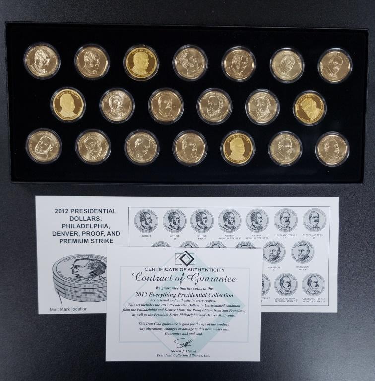 2012 PRESIDENTIAL DOLLARS SET: PHILADELPHIA, DENVER, PROOF & SATIN FINISH COINS in DISPLAY BOX / CAPS (20 COINS TOTAL)