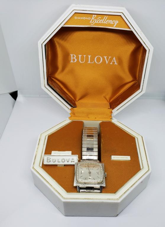 Vintage Bulova Mechanical Wristwatch - Diamond Dia: Runs Fine. 11AL ,17 Jewels. Scarce fancy diamond dial. 10k White Gold Rolled Gold Plate. 10k White Gold Filled Band Top. In Very Good Condition With Original Box!