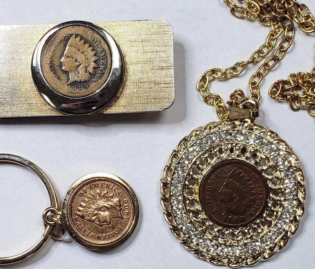 INDIAN CENT NECKLACE, KEY CHARM, MONEY CLIP: 3 PIECE LOT