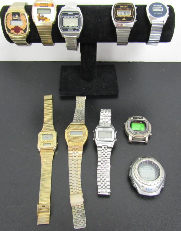 10 Mens Quartz Watches -Digital: Not tested as to working or not- Some for parts or repair-Some may work-Digital-(1)Harley Davidson Motorcycle-(1)Case)-Nelsonic,Sharp,Casino,X-K -D, National Semi Condutor,Seiko,Brodex,ect