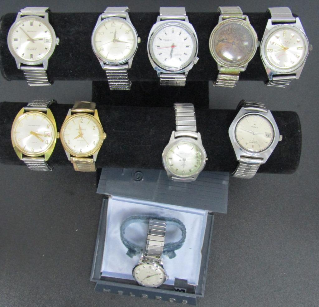 10 Mens Self Winding Watches -Stretch Band: Not tested as to working or not-Some for parts or repair-Some may work-(2)Helbros,(1)Stellaris-working, Caravelle,Paul Dominique,Baron, Timex,Trice,Kent
