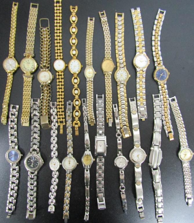 20 Ladies Quartz Wrist Watches: Not tested as to working or not- Some for parts or repair-Some may work -Magique,(2)Pulsar,Faded Glory, Sheffield, Relic,Armitron,DKNY,Citizen,Seiko,Anne Kliein II,ESQ,Elgin
