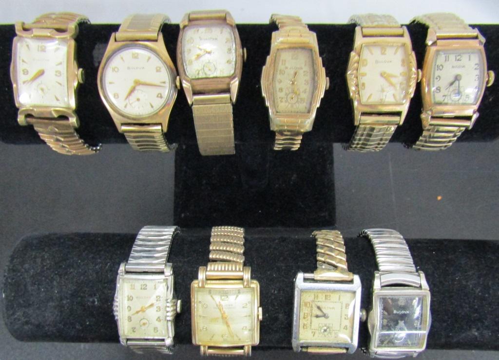 10 Mens Self Winding Stretch Wrist Watches: Not tested as to working or not- Some for parts or repair-Some may work -Stretch Bands (10)Bulova
