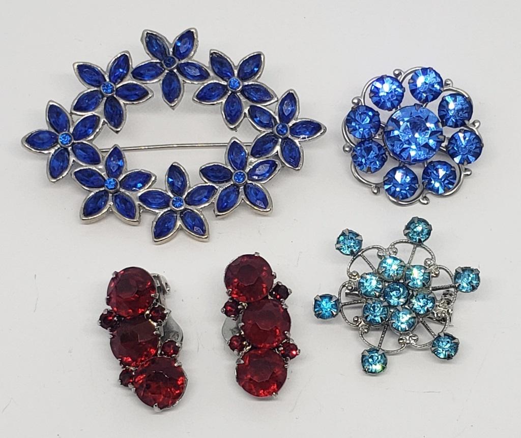 3-VINTAGE SILVER TONED BLUE RHINESTONE BROOCHES (1 of 3)