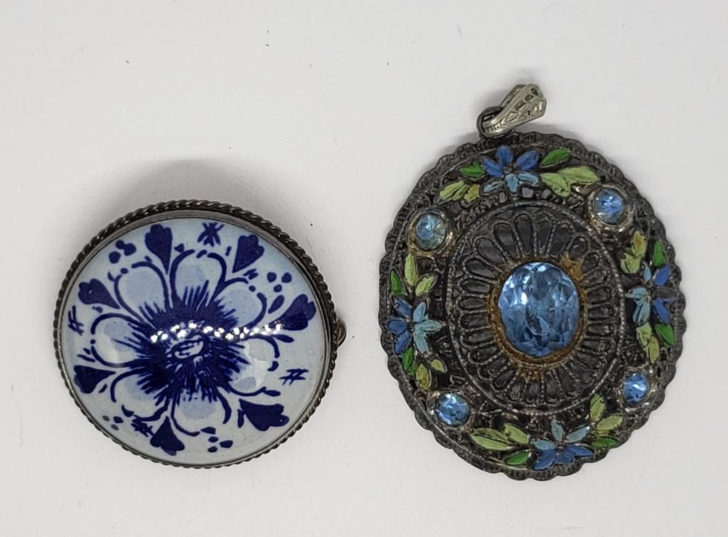 VINTAGE SILVER TONED PORCELIN ROSE BROOCH & (1 of 4)