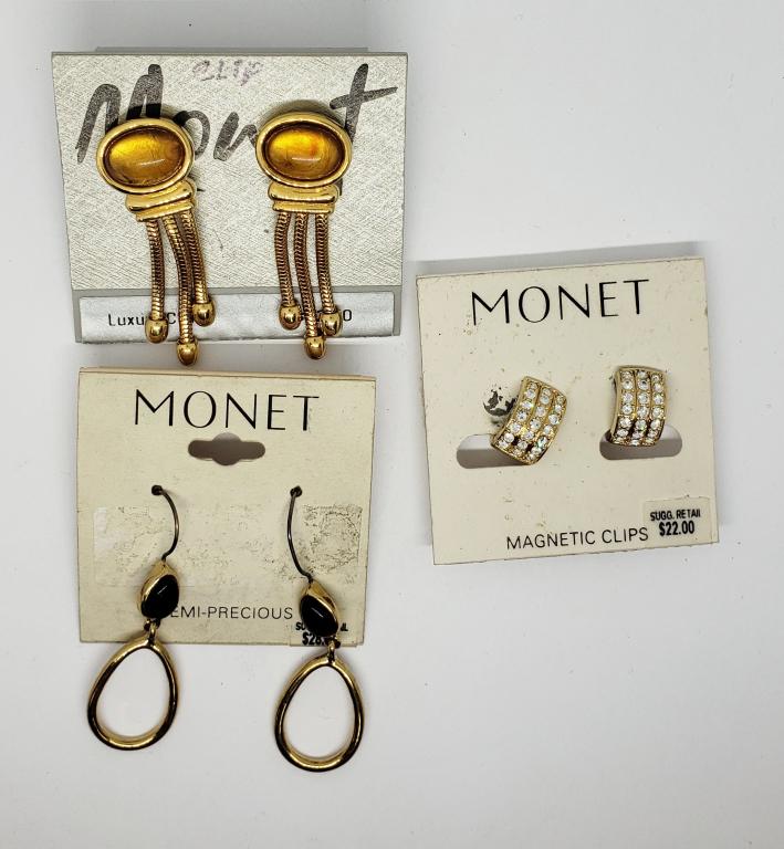 NEW! 3 PAIRS OF MONET EARRINGS-NIB: GOLD TONED-RHINESTONES-LUCITE