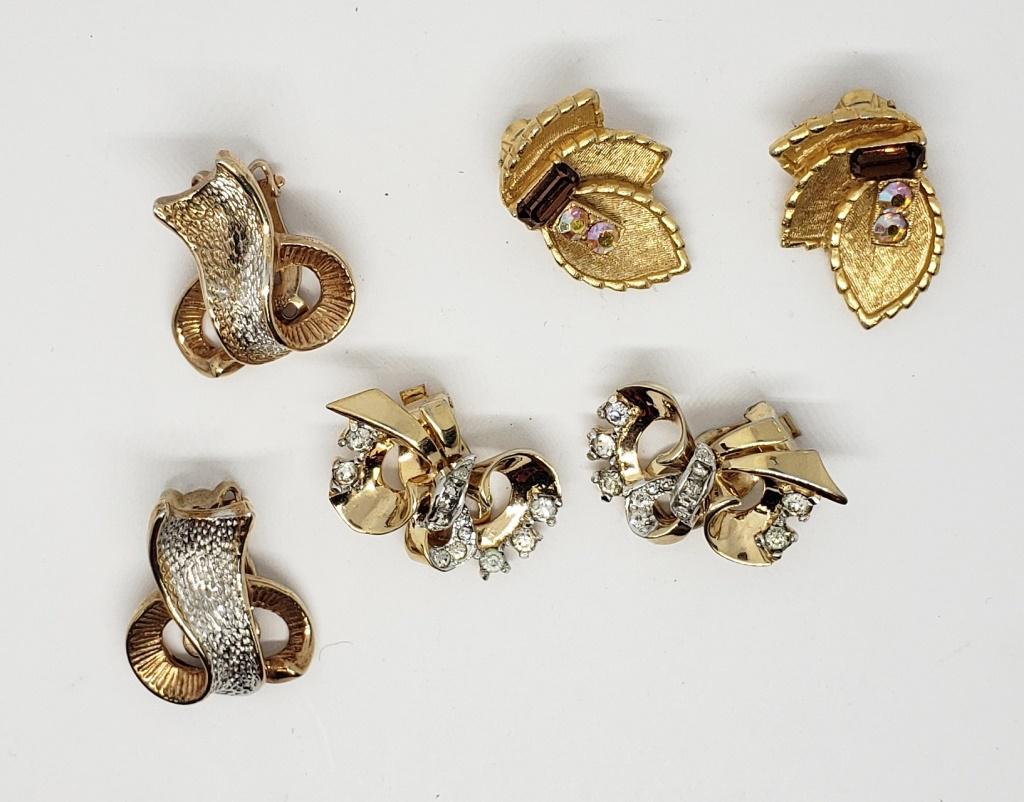3-PAIRS OF VTG GOLD TONED CLIP ON EARRINGS: RHINESTONES-MAZER-BSK-KRAMER
