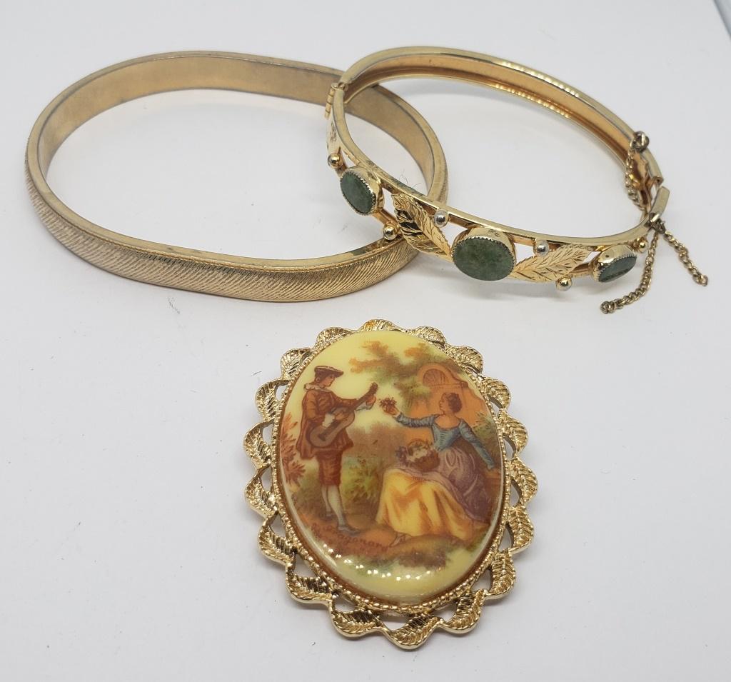 2-VINTAGE GOLD TONED BRACELETS PLUS GOLD TONED: BROOCH WITH PORCELEIN HAND PAINTED EUROPEAN SCENE