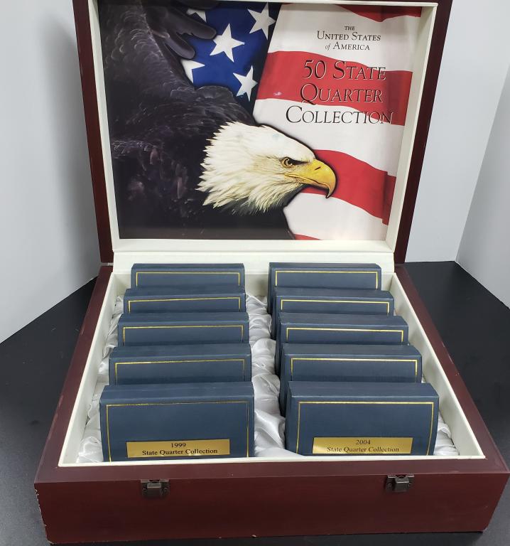 United States 50 State Quarter Collection: Missing one 1999 Quarter that can be easily replaced. 10 Individual Boxes Inside The Large Wood Box!