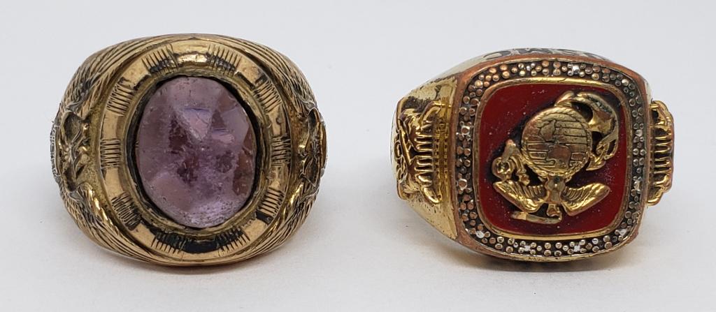 2 Vintage US Military Class Rings: Both have wear. 1 US Army & 1 USMC