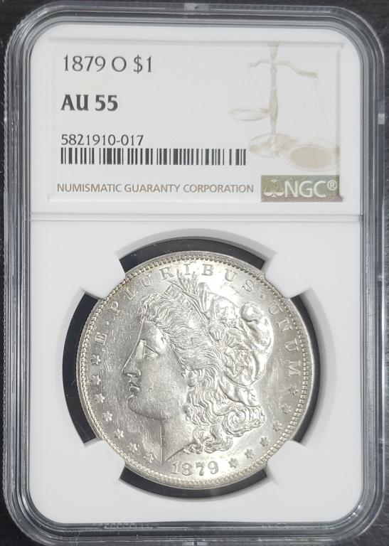 1879-O Morgan Silver Dollar $1 NGC AU55 (1 of 4)