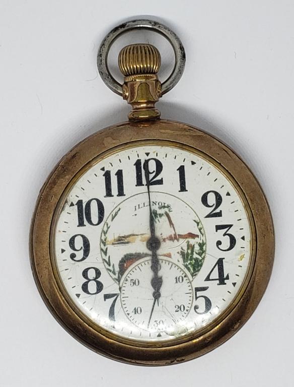 Antique Illinois A. Lincoln Railroad Pocket Watch: Runs fine. Size 16. Made in 1917 Dial has a scene painted on it. Has some wear in the scene and some damages on the rest of the dial. 20 Year Gold Filled Case. A few dings and wear on the case.
