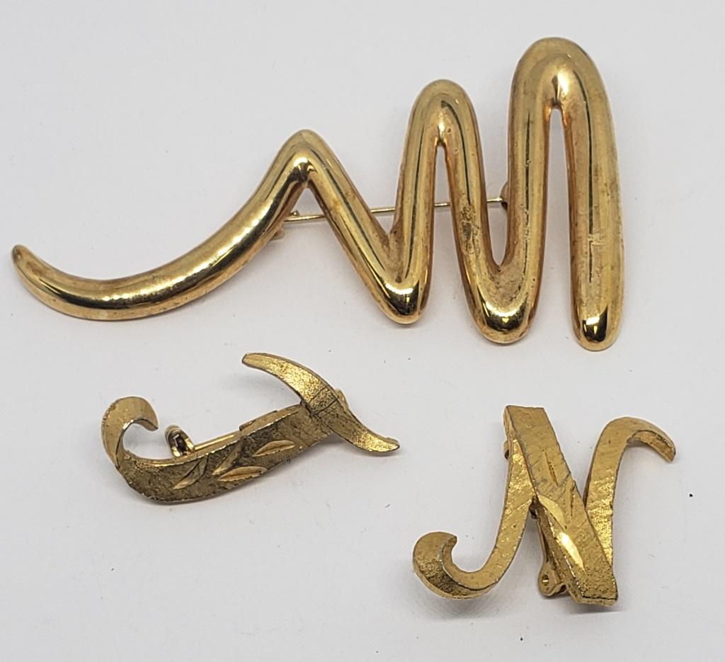 3-VINTAGE GOLD TONED BROOCHES: MAMSELLE "J" & "N"