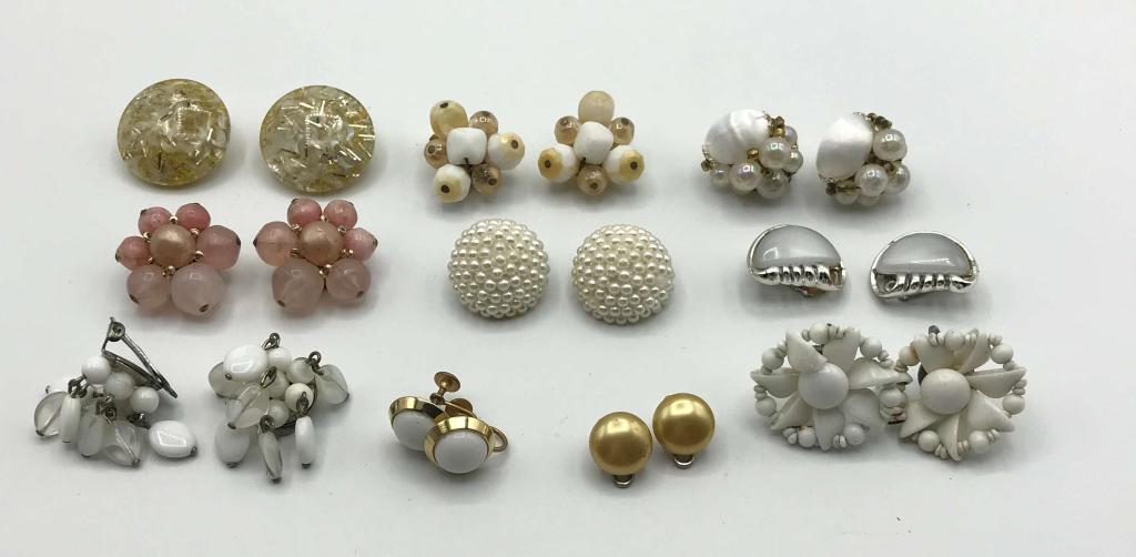 10-PAIRS OF VINTAGE CLIP ON EARRINGS: FAUX PEARLS-BEADS-WEST GERMANY-CORO-JAPAN-CARNEGIE