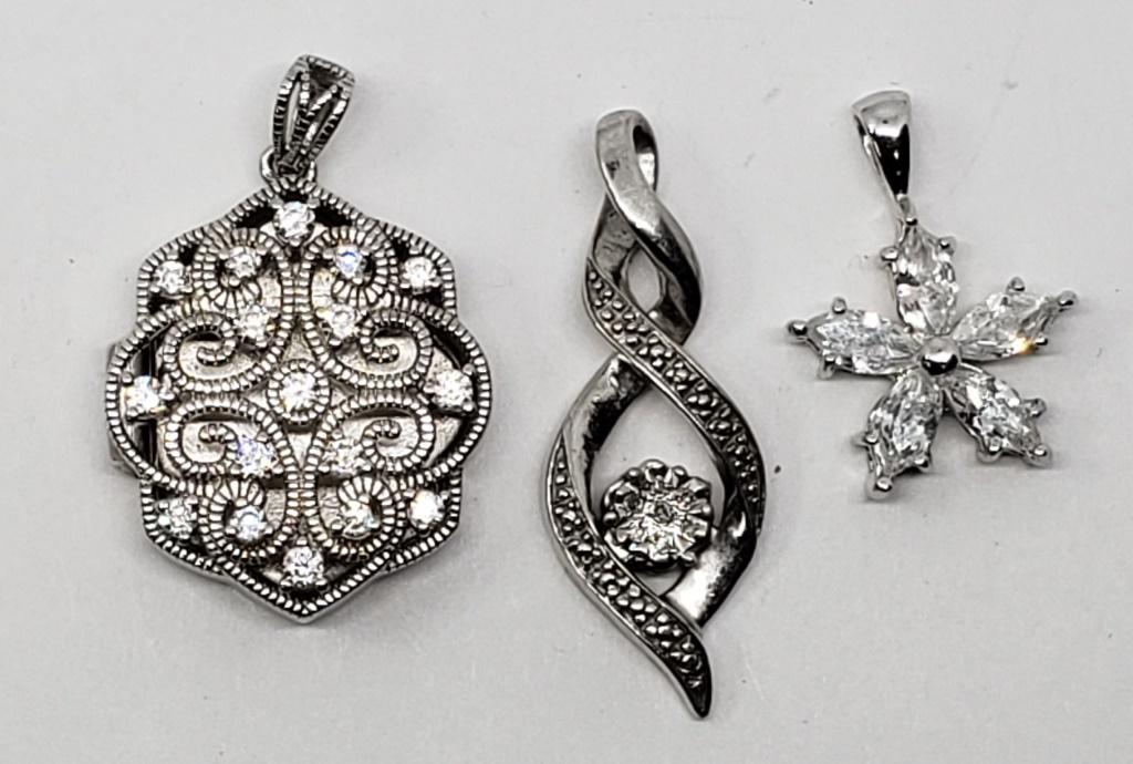(3) SPARKLED STERLING PENDANTS: (1) CZ LOCKET STAMPED "PAJ" - PRETTY LOT (6.4 DWT)