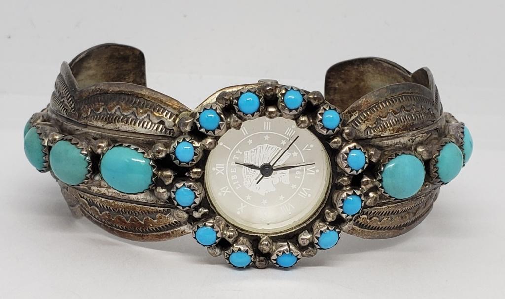 WB MARKED NAVAJO STERLING WATCH CUFF (1 of 5)