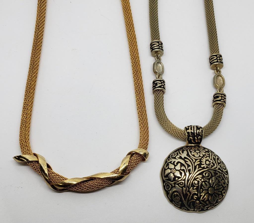 2-VINTAGE GOLD TONED BOX CHAIN NECKLACES: (1)WITH HEAVY CIRCULAR PENDANT WITH ETCHED FLOWER DESIGN