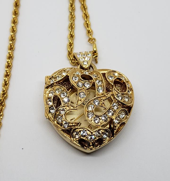 GOLD TONED CACHE WATCH LOCKET PENDANT: WITH RHINESTONE ACCENTS-COMES WITH GOLD TONED CHAIN