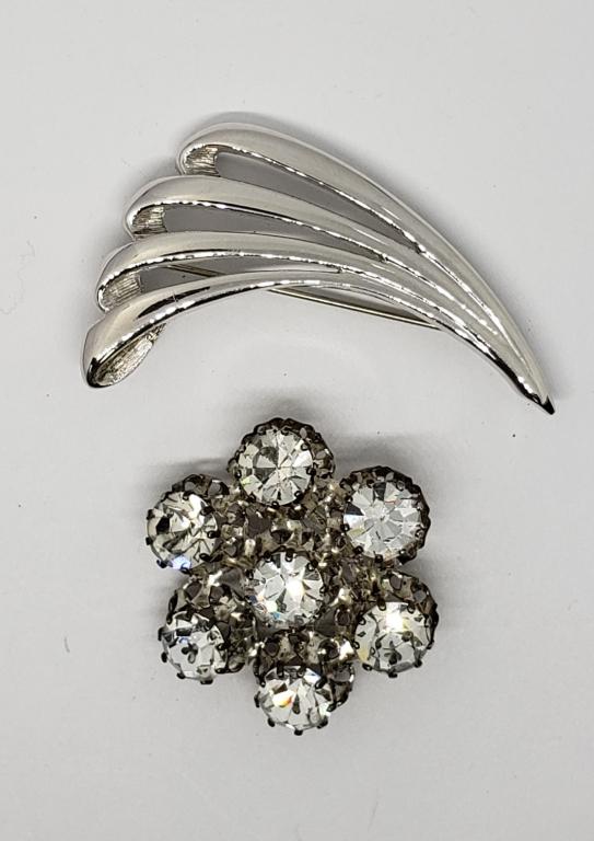 2-VINTAGE SILVER TONED BROOCHES: (1)AUSTRIA: MADE WITH RHINESTONES & (1)MONET
