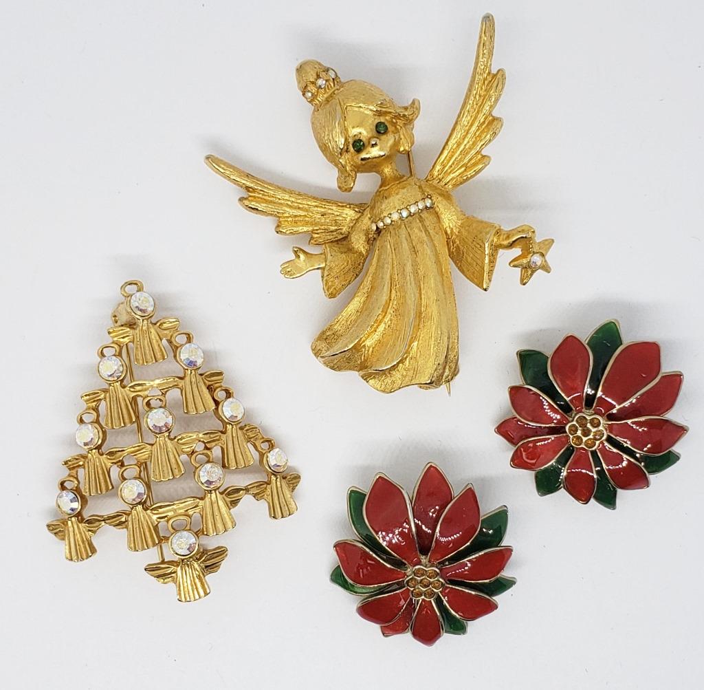VINTAGE CHRISTMAS JEWELRY LOT: (1)PAIR OF: POINSETTA CLIP ON EARRINGS WITH RHINESTONES (1)ANGEL BROOCH WITH RHINESTONES & (1)JJ MARKED ANGEL CHRISTMAS TREE BROOCH WITH RHINESTONES