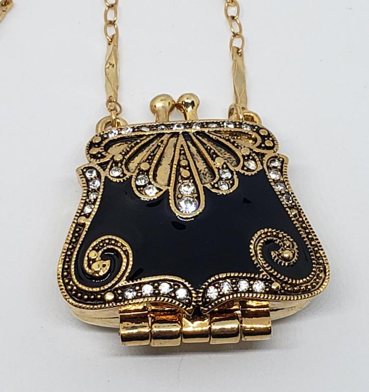 VINTAGE ADRIENNE BLACK ENAMEL AND CRYSTAL: PURSE LOCKET NECKLACE WITH CHAIN