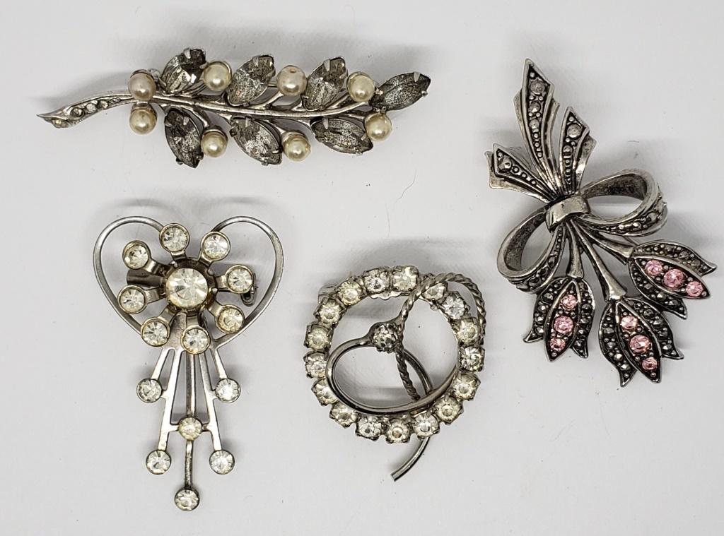 4-VITNAGE SILVER TONED BROOCHES: RHINESTONES-FAUX PEARLS-FLOWER-HEART-WREATH