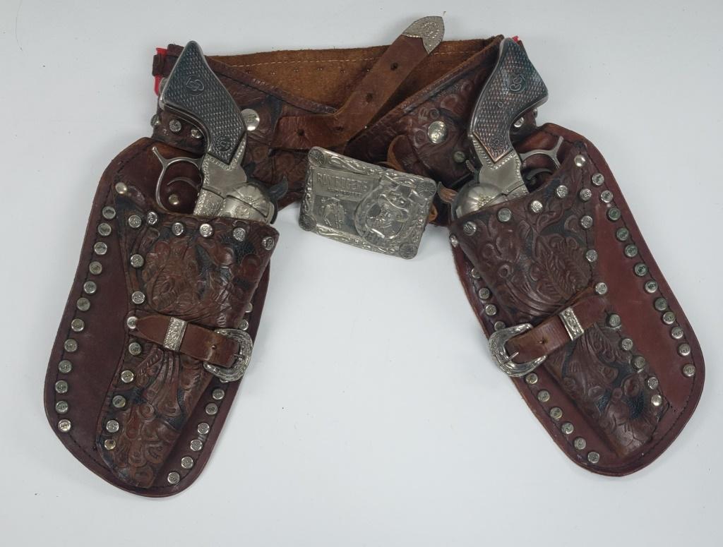 1950s Roy Rogers and Trigger Double Holster: Cap Gun Revolver Set - ORIGINAL BUCKEL - WORKING CONDITION 10" CAP GUNS with BULLETS
