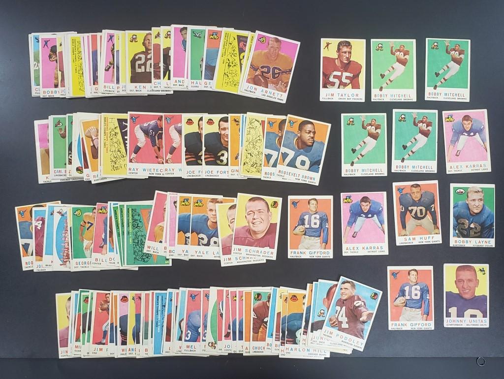 145-1959 TOPPS FOOTBALL CARDS w/STARS!: includes #1 UNITAS VG+, (2) #20 GIFFORD VG+ & EX, #40 LAYNE VGEX, #51 HUFF ROOKIE EX, (2) #103 KARRAS ROOKIE EX, (4) #40 MITCHELL ROOKIES EX-VGEX+, #155 TAYLOR ROOKIE EX, REST NICE EX-VGEX+ few VG SOM