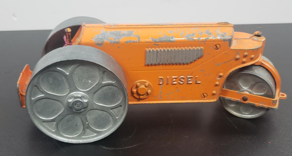 1950's Hubley Kiddie Toys Metal: Orange Diesel Steam Roller Construction Toy