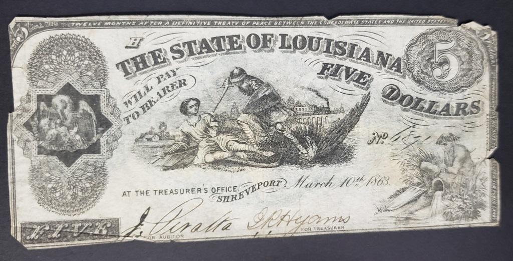 1863 $5 THE STATE of LOUISIANA NOTE (1 of 2)