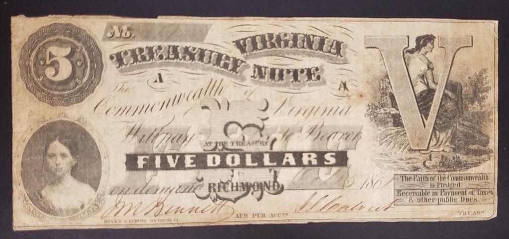 1861 $5 VIRGINIA TREASURY NOTE (1 of 2)