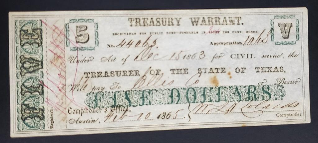 1865 $5 TREASURY WARRANT TEXAS (1 of 2)