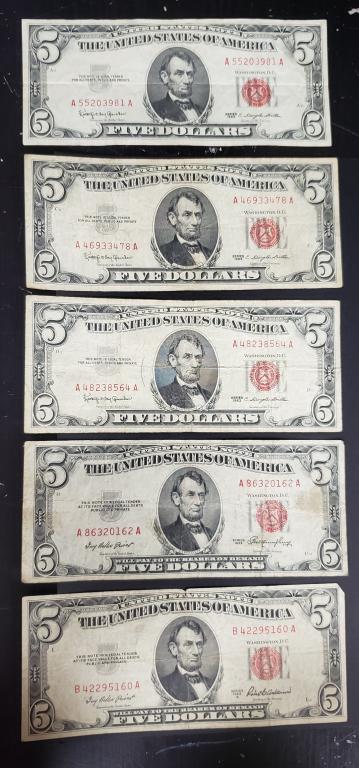 (5) $5 RED SEAL US NOTES 1953 & 1963 (1 of 2)