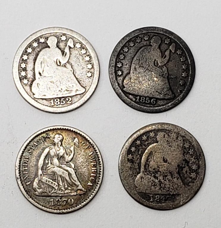 (4) SEATED HALF DIMES - ALL DIFFERENT (1 of 2)
