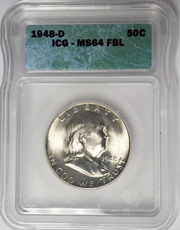 1948-D Franklin Half Dollar ICG MS64 FBL 50C: REGISTER TO BID TODAY!!!
