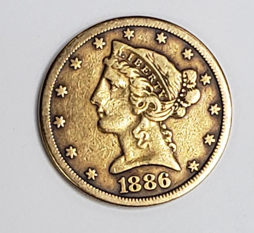 1886-S $5 LIBERTY GOLD COIN: FIVE DOLLAR GOLD