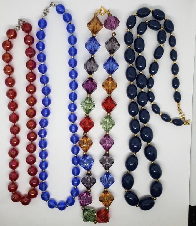 4-VINTAGE BEADED NECKLACES-RED-BLUE-GREEN: (1)MONET