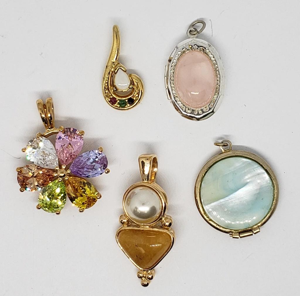 5-VINTAGE TO KNOW PENDANTS-RHINESTONES: LUCITE-ABILONE-LOCKET