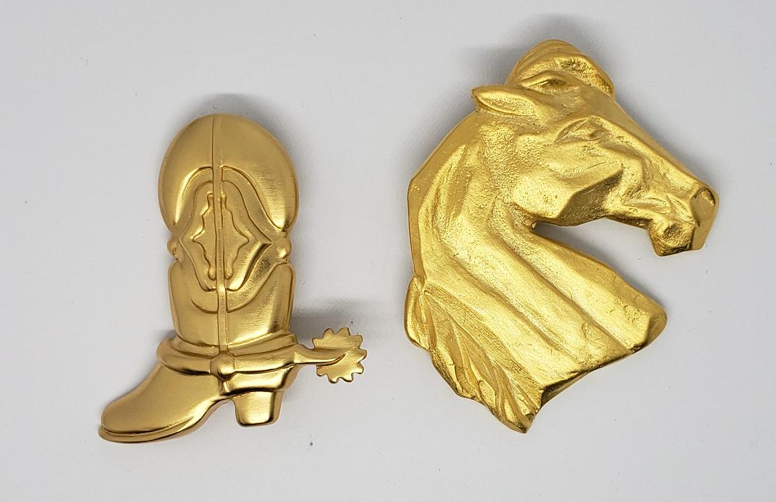 VINTAGE JJ GOLD TONED HORSE BROOCH PLUSE: GOLD TONED COWBOY BOOT BROOCH