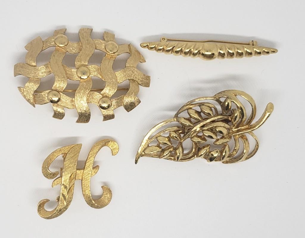 4-VTG GOLED TONED BROOCHES: (2)MONET: (1)"H" MAMSELLE
