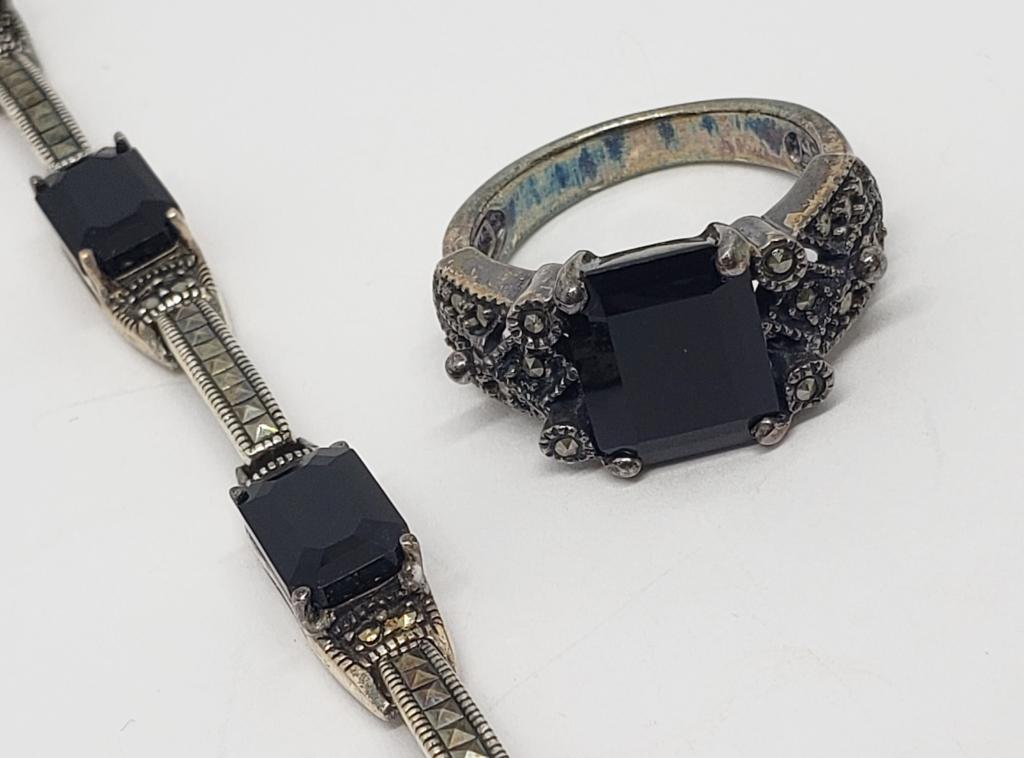 BLACK ONYX STERLING SET - RING/BRACELET (1 of 7)