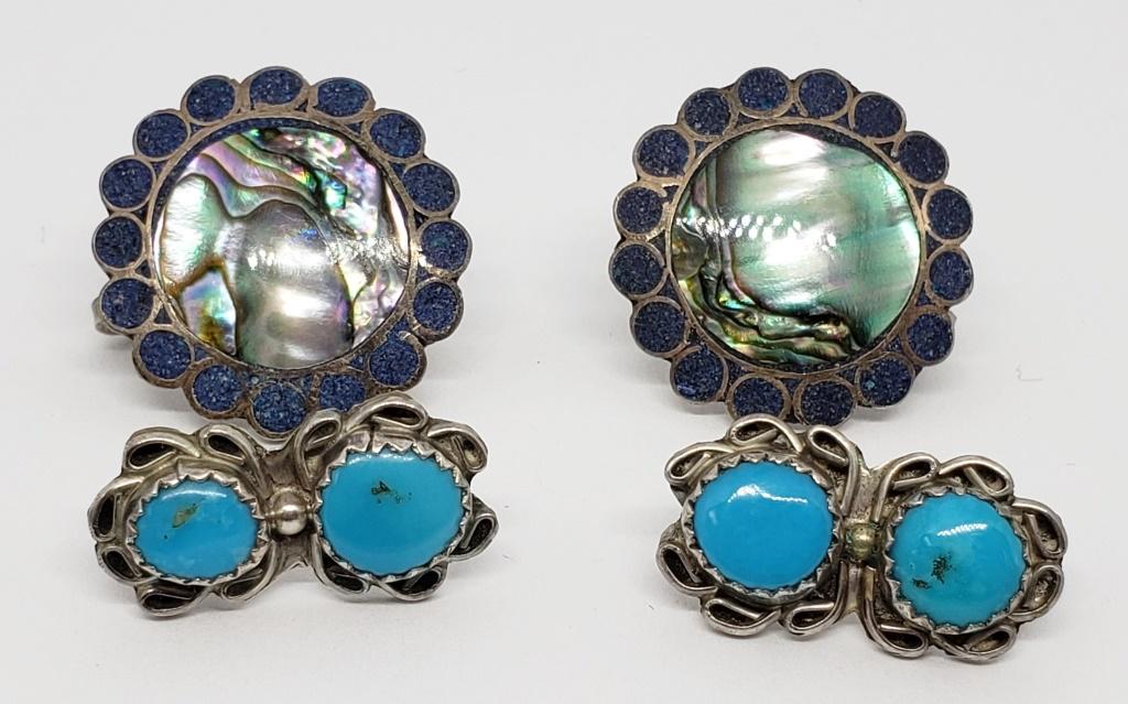 (2) SOUTHWEST STERLING EARRINGS: SCREW BACK ABALONE & BLUE TURQUOISE, PIERCED TURQUOISE (5.8 DWT)