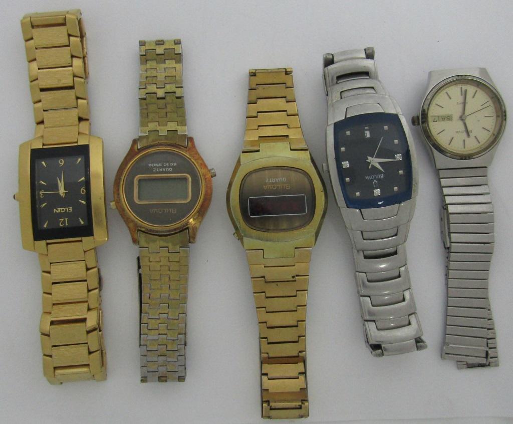 5 Mens Quartz Watches-4 BULOVA - 1 ELGIN: Not tested as to working or not-most will need battery replacements-some for parts or repair-some may work -5 Mens Quartz Watches (1)Elgin, (4)Bulova