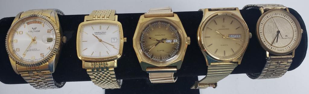 5 MENS QUARTZ WATCHES-HAMILTON, WALTHAM: Not tested as to working or not-most will need battery replacement-some for parts or repair -some may work:5 MENS QUARTZ WATCHES-(4)HAMILTON,(1) WALTHAM