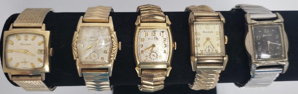 5 MENS MECHANICAL WINDING WATCHES-BULOVA: Not tested as to working or not-most will need battery replacement-some for parts or repair -some may work:5 MENS MECHANICAL WINDING WATCHES-BULOVA-STRETCH BANDS