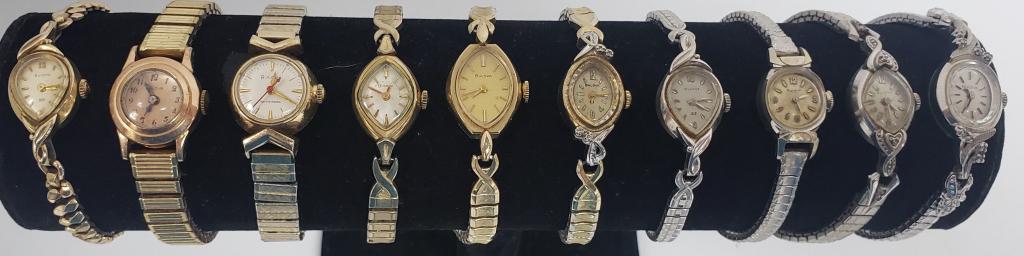 10-LadiesMECHANICAL winding Wrist Watches: Not tested as to working or not-most will need battery replacements-some for parts or repair-some may work-Ladies MECHANICAL winding Wrist Watches-10 -Bulova -Stretch bands