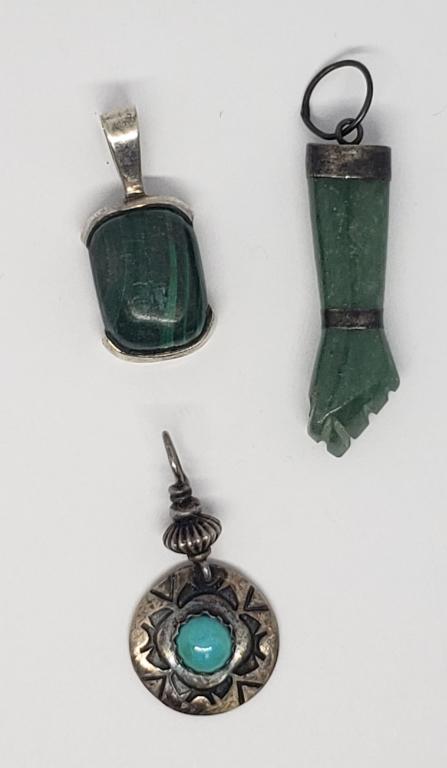 (3) STERLING PENDANTS / JADE / TURQUIOSE &: MALACHITE (6 DWT)