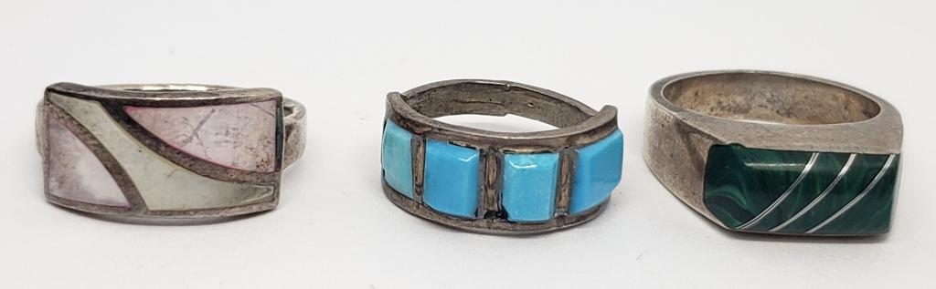 (3) SOUTHWEST STERLING RINGS TURQUOISE: MOTHER of PEAR & MALACHITE - SIZES 5.5-8 (11 DWT)